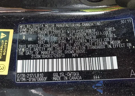 2012 Lexus Rx 350 z USA, uszkodzony, nr VIN 2T2BK1BA9CC126913